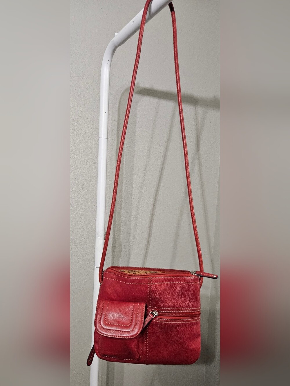 Tignanello Red Leather Crossbody with Front Flap and Zip Pocket